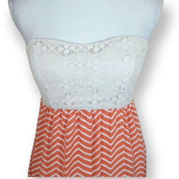 STRAPLESS MAXI DRESS CORAL & CREAM SZ. S/M EUC - Picture 4 of 6